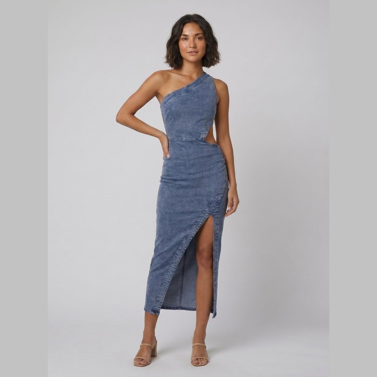 Dazzle | Midi Dress One Shoulder, Asymmetrical Cut-Out, Denim