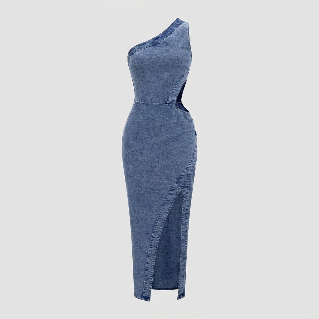 Dazzle | Midi Dress One Shoulder, Asymmetrical Cut-Out, Denim