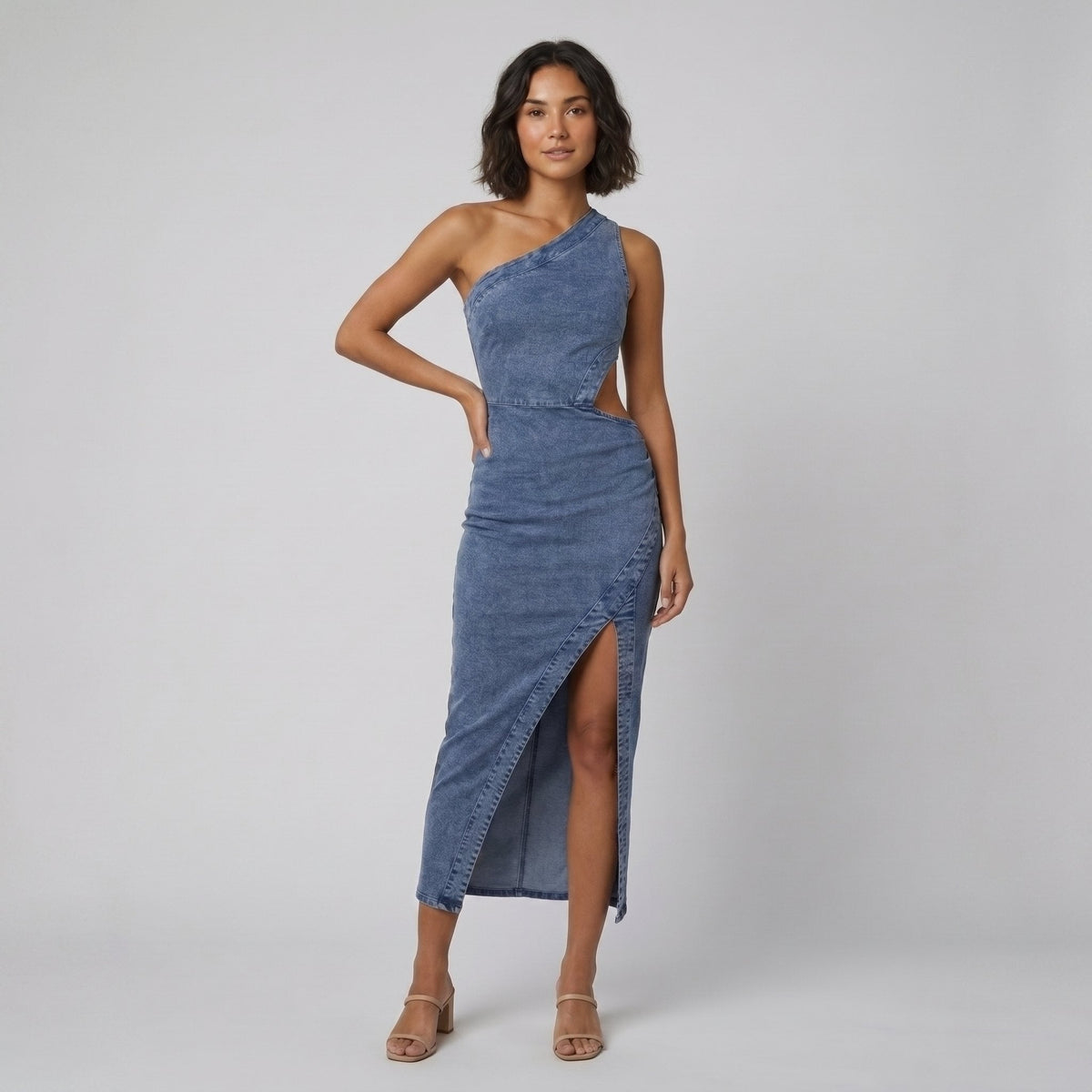 Dazzle | Midi Dress One Shoulder, Asymmetrical Cut-Out, Denim