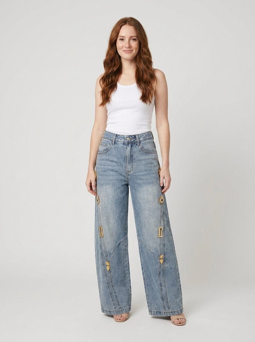 Dazzle | Wide Leg Jeans Denim with Metallic Decor