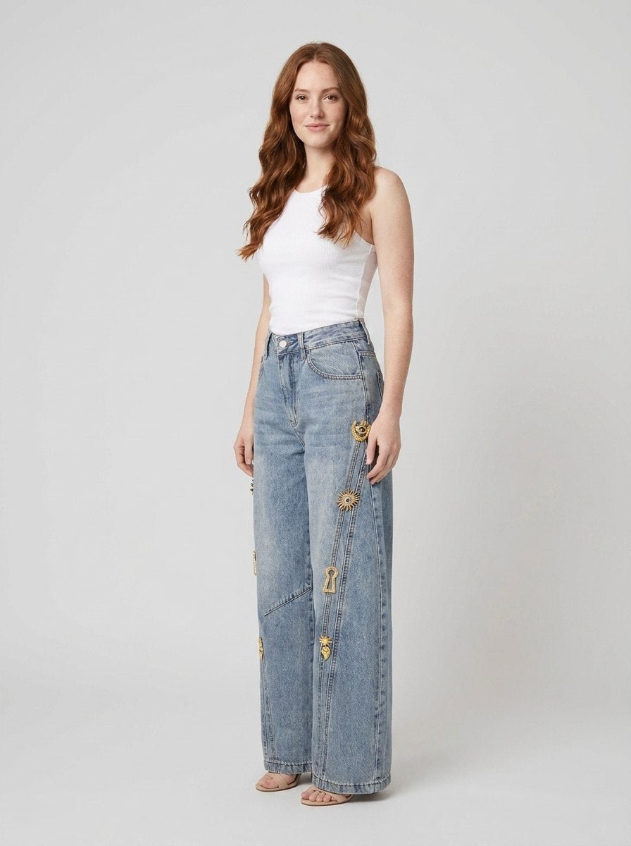 Dazzle | Wide Leg Jeans Denim with Metallic Decor