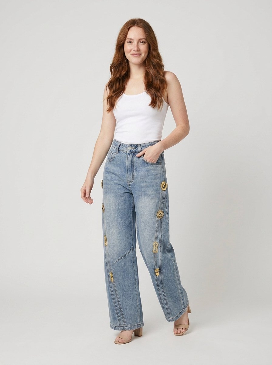 Dazzle | Wide Leg Jeans Denim with Metallic Decor