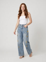 Dazzle | Wide Leg Jeans Denim with Metallic Decor