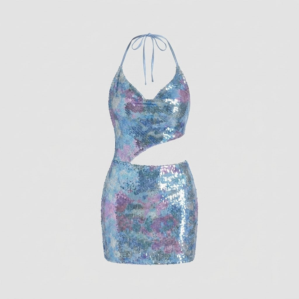 Diora Cocktail Dress | Sequin Mesh, Bodycon Fit, Halter Neck