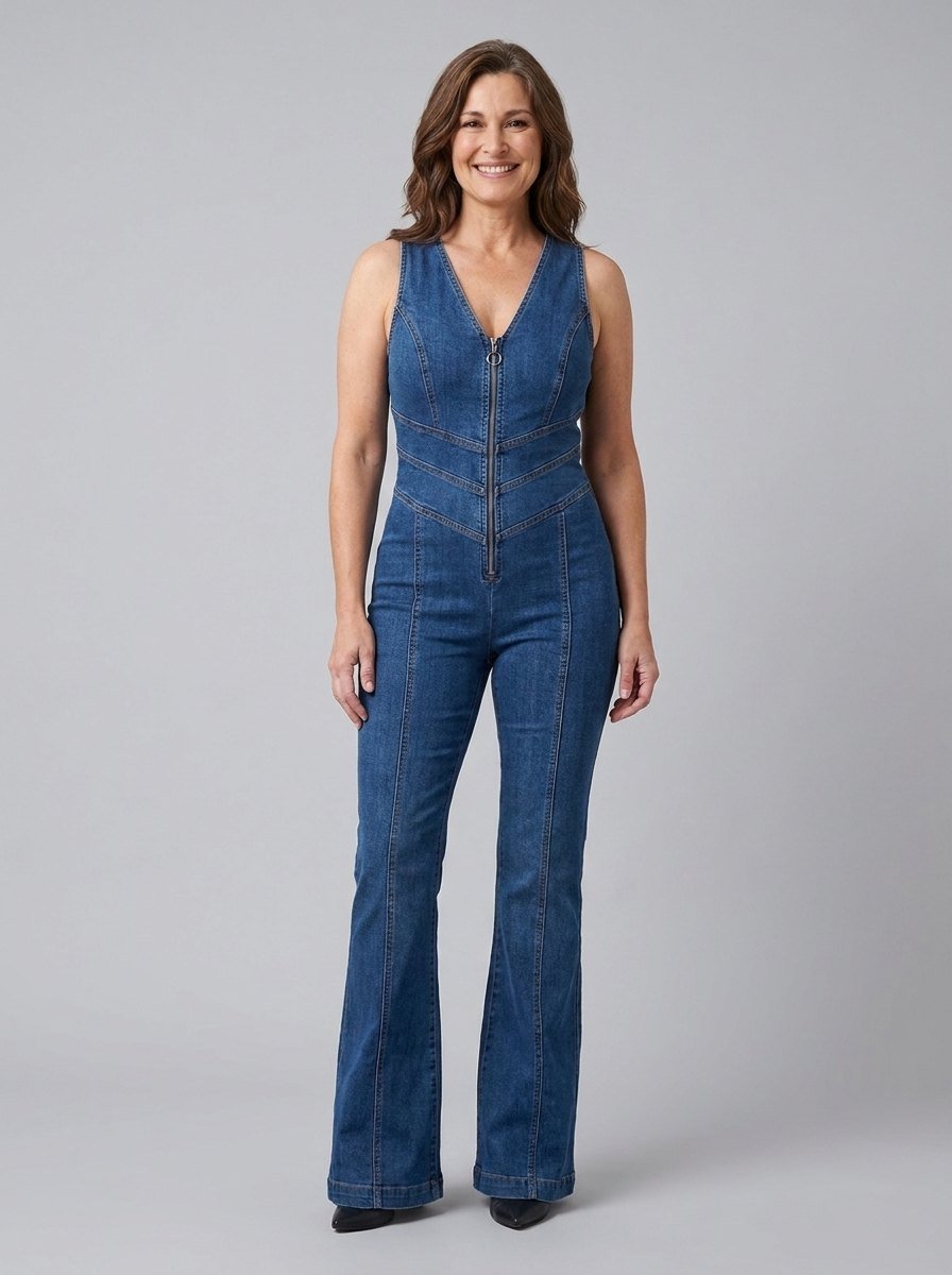 Diva | Denim Jumpsuit Fitted, V-Neck, Flared Legs