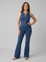 Diva | Denim Jumpsuit Fitted, V-Neck, Flared Legs