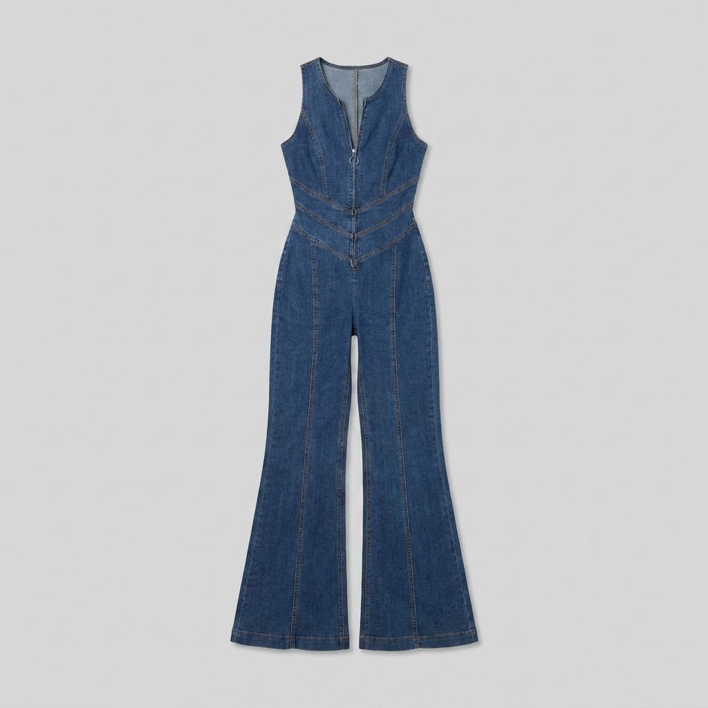 Diva | Denim Jumpsuit Fitted, V-Neck, Flared Legs
