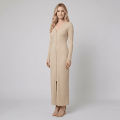 Elegant Retro Sporty V-neck Front Zipper Long-sleeved Pink Maxi Dress