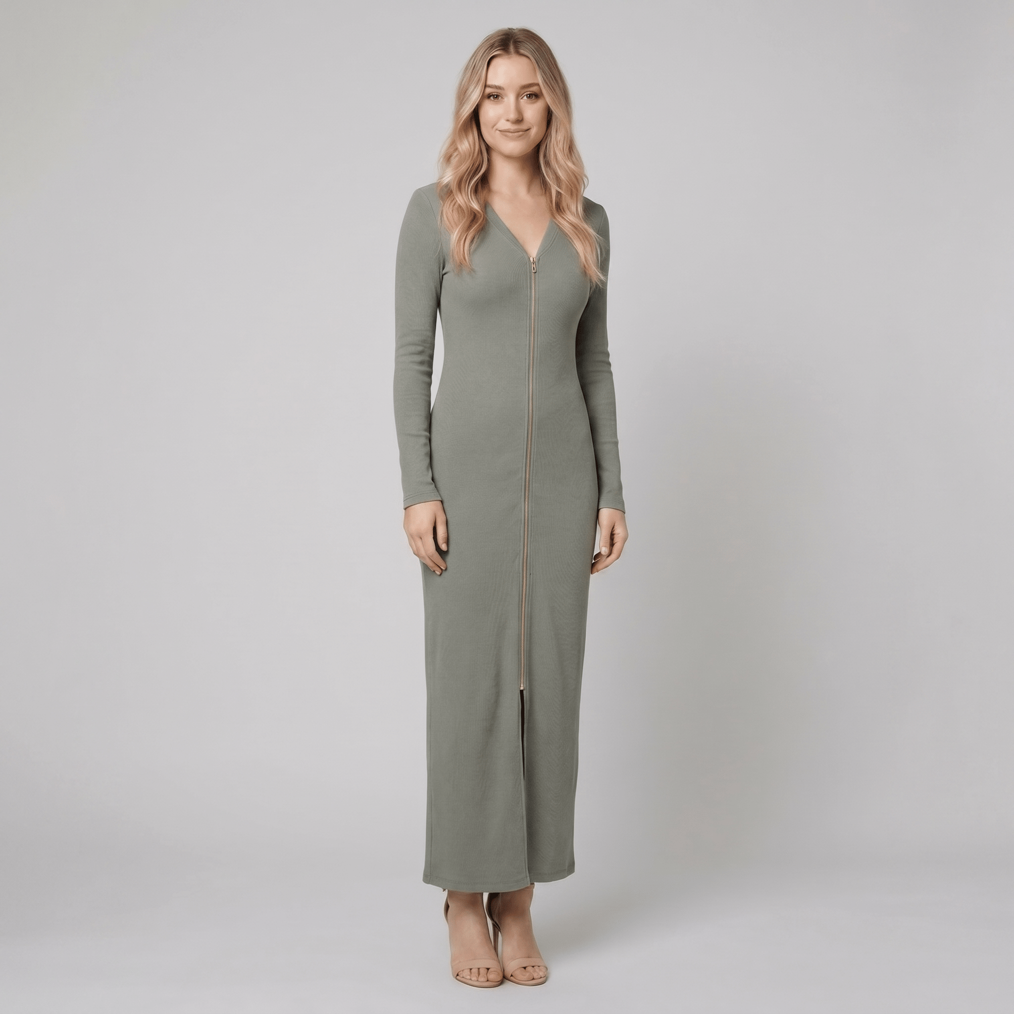 Elegant Retro Sporty V-neck Front Zipper Long-sleeved Pink Maxi Dress