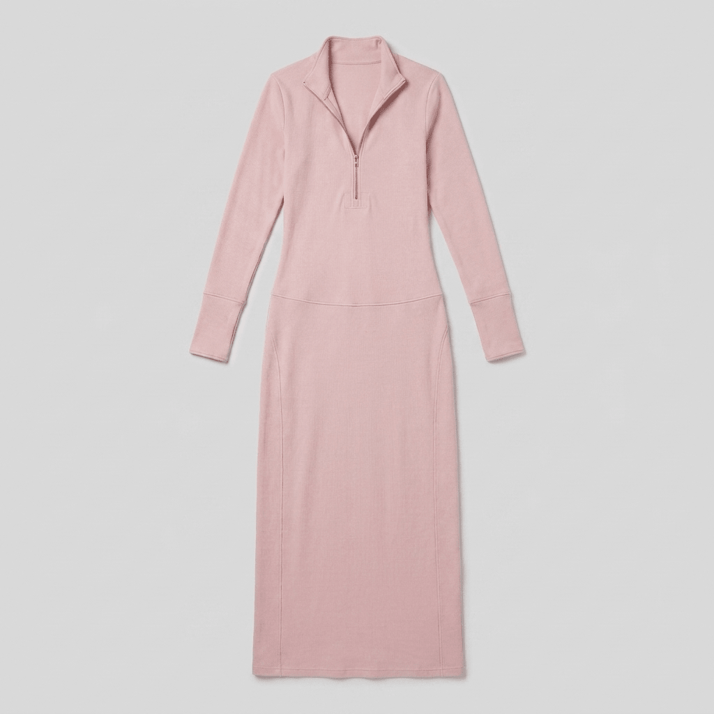 Elegant Retro Sporty V-neck Front Zipper Long-sleeved Pink Maxi Dress