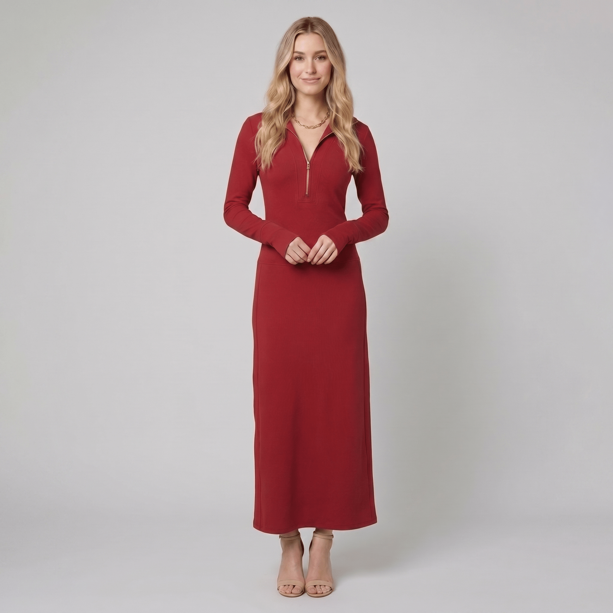 Elegant Retro Sporty V-neck Front Zipper Long-sleeved Pink Maxi Dress