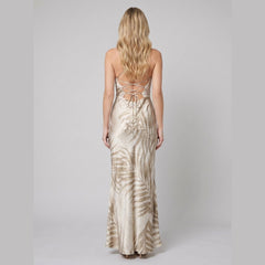 Elysia Maxi Dress | Tropical Satin, Lace-Up Back, Curve-Skimming Silhouette