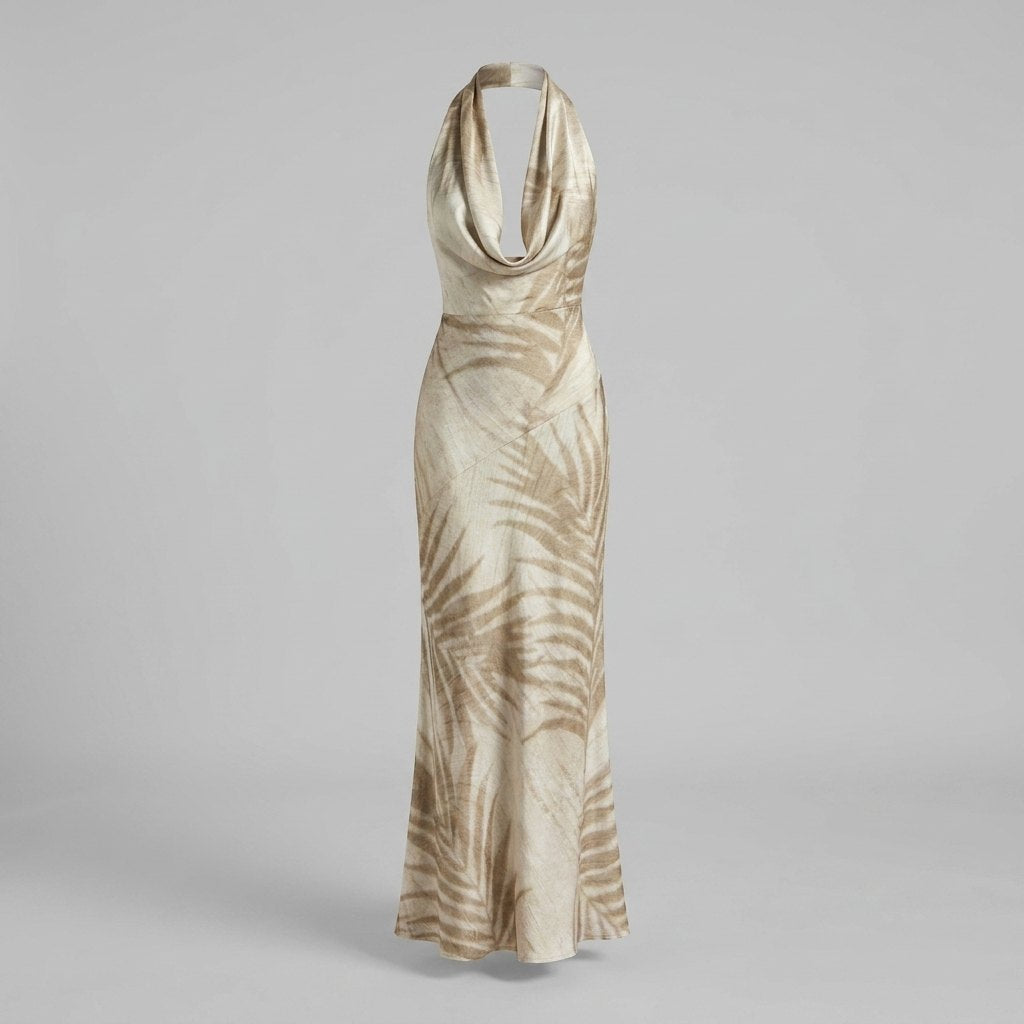 Elysia Maxi Dress | Tropical Satin, Lace-Up Back, Curve-Skimming Silhouette
