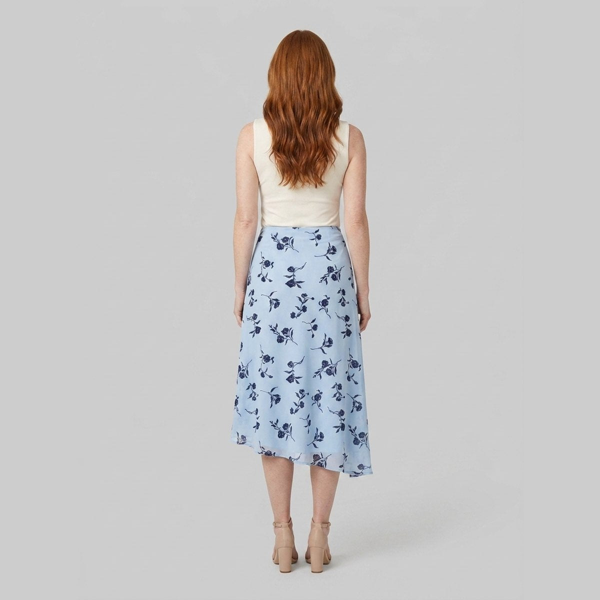 Elysia Midi Skirt | Blue Floral Wrap-Style, Flowy Fit