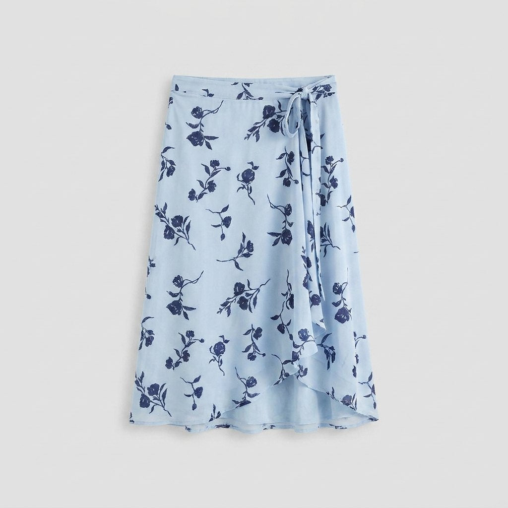 Elysia Midi Skirt | Blue Floral Wrap-Style, Flowy Fit