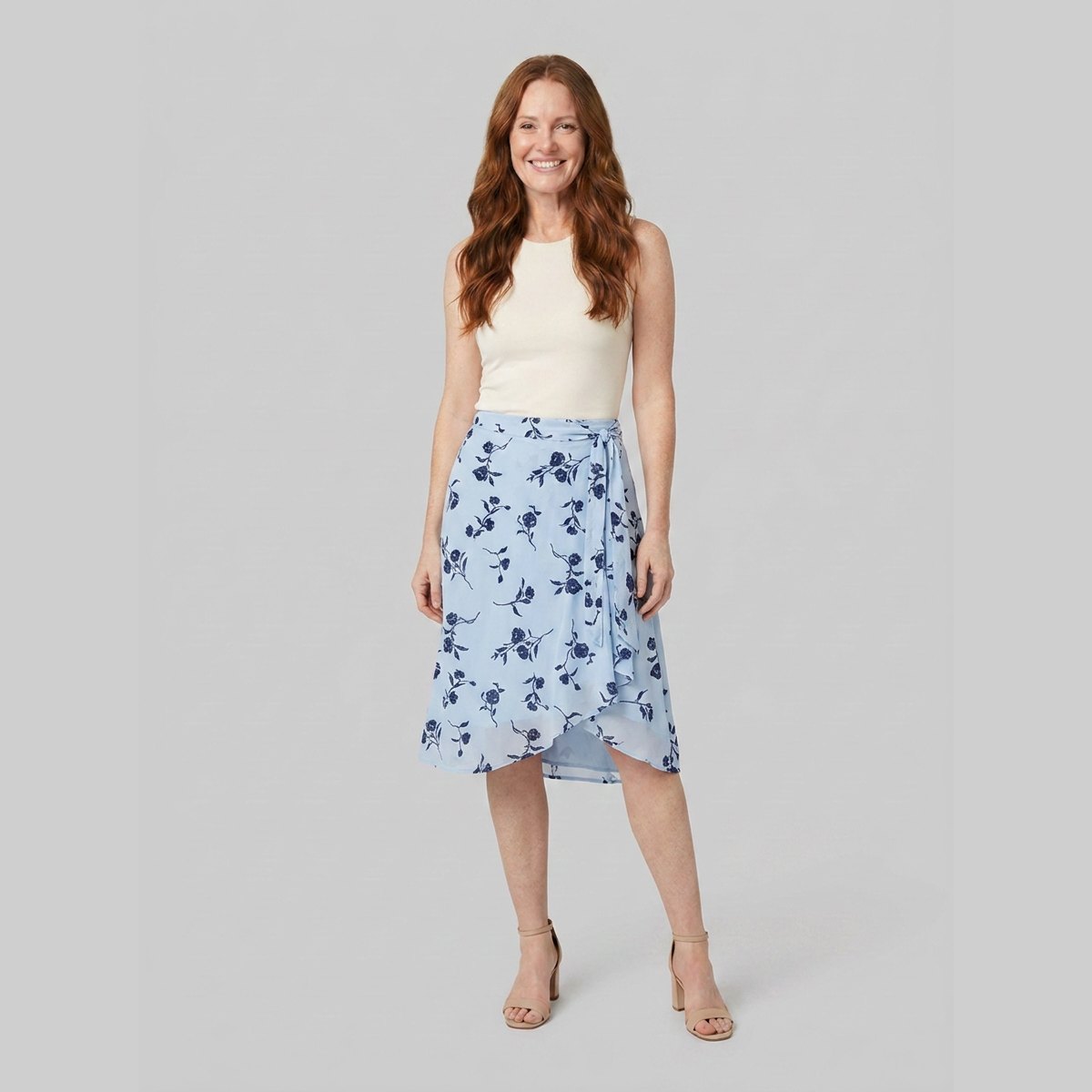 Elysia Midi Skirt | Blue Floral Wrap-Style, Flowy Fit