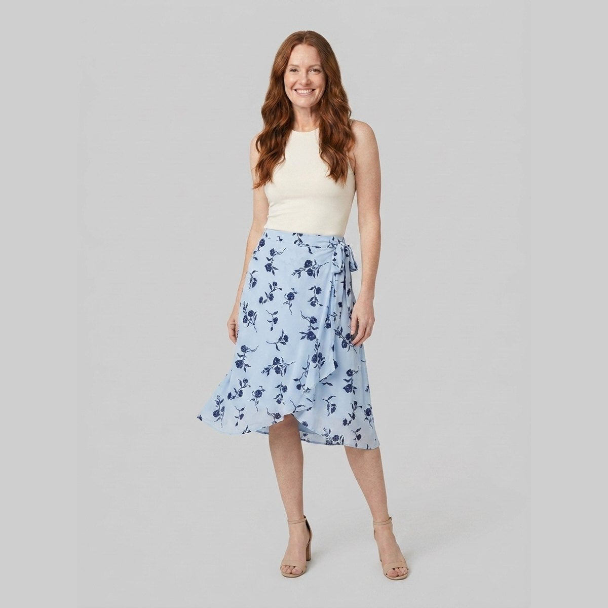 Elysia Midi Skirt | Blue Floral Wrap-Style, Flowy Fit