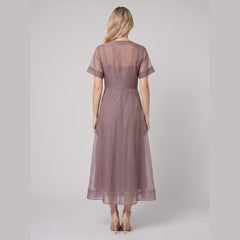 Elysia Midi Dress | Organza A-Line, Button Closure for Weddings and Cocktail Events