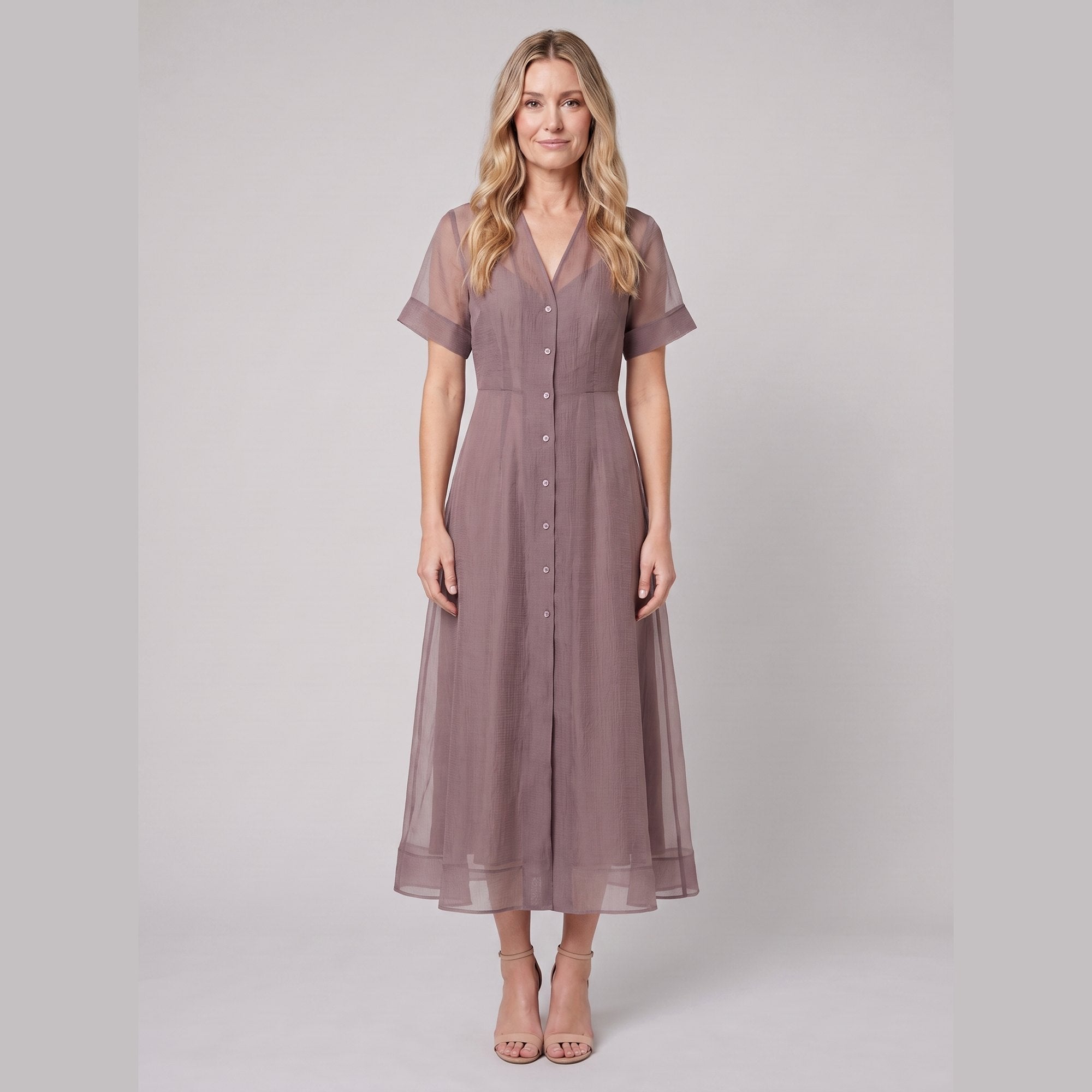 Elysia Midi Dress | Organza A-Line, Button Closure for Weddings and Cocktail Events
