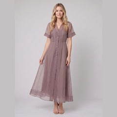 Elysia Midi Dress | Organza A-Line, Button Closure for Weddings and Cocktail Events