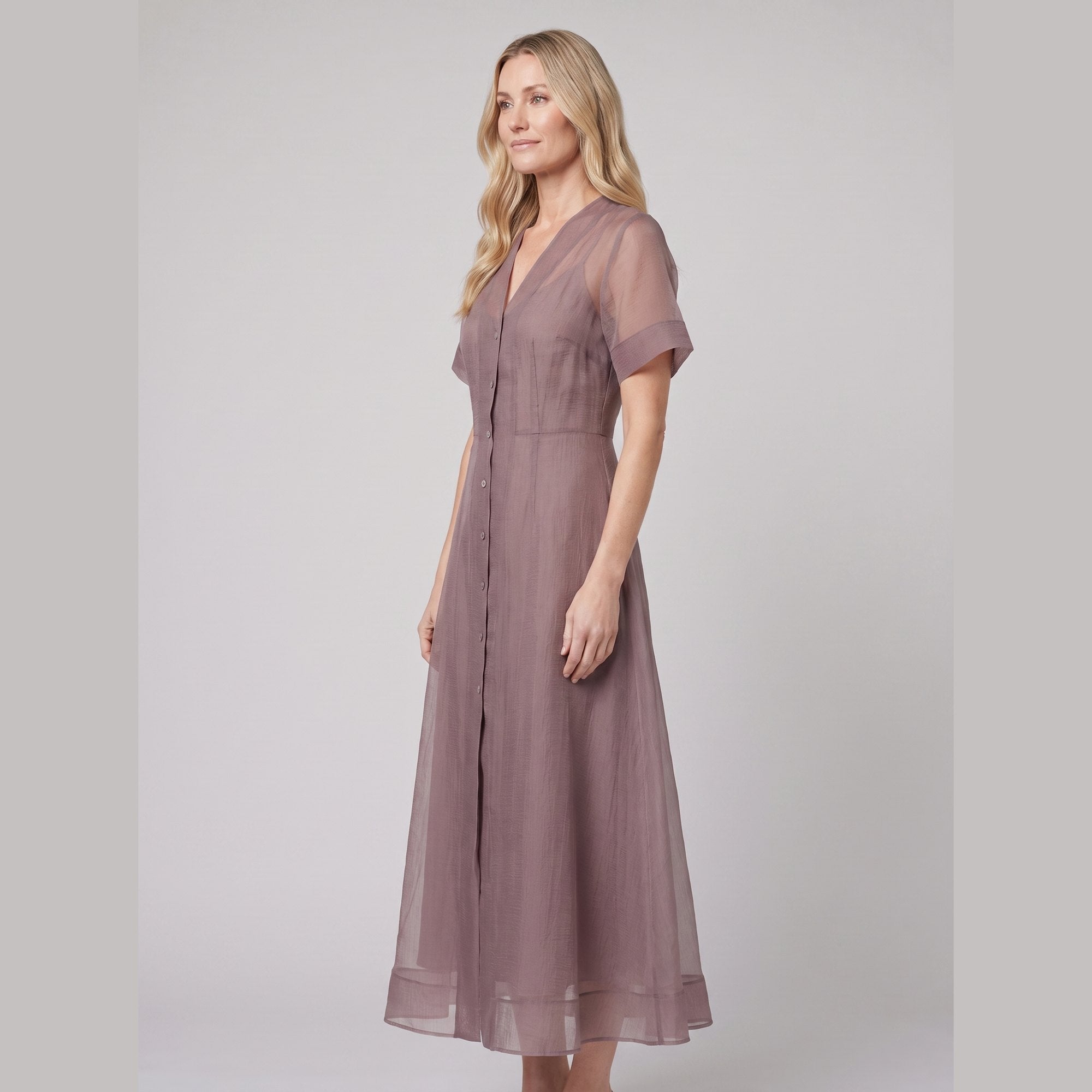 Elysia Midi Dress | Organza A-Line, Button Closure for Weddings and Cocktail Events