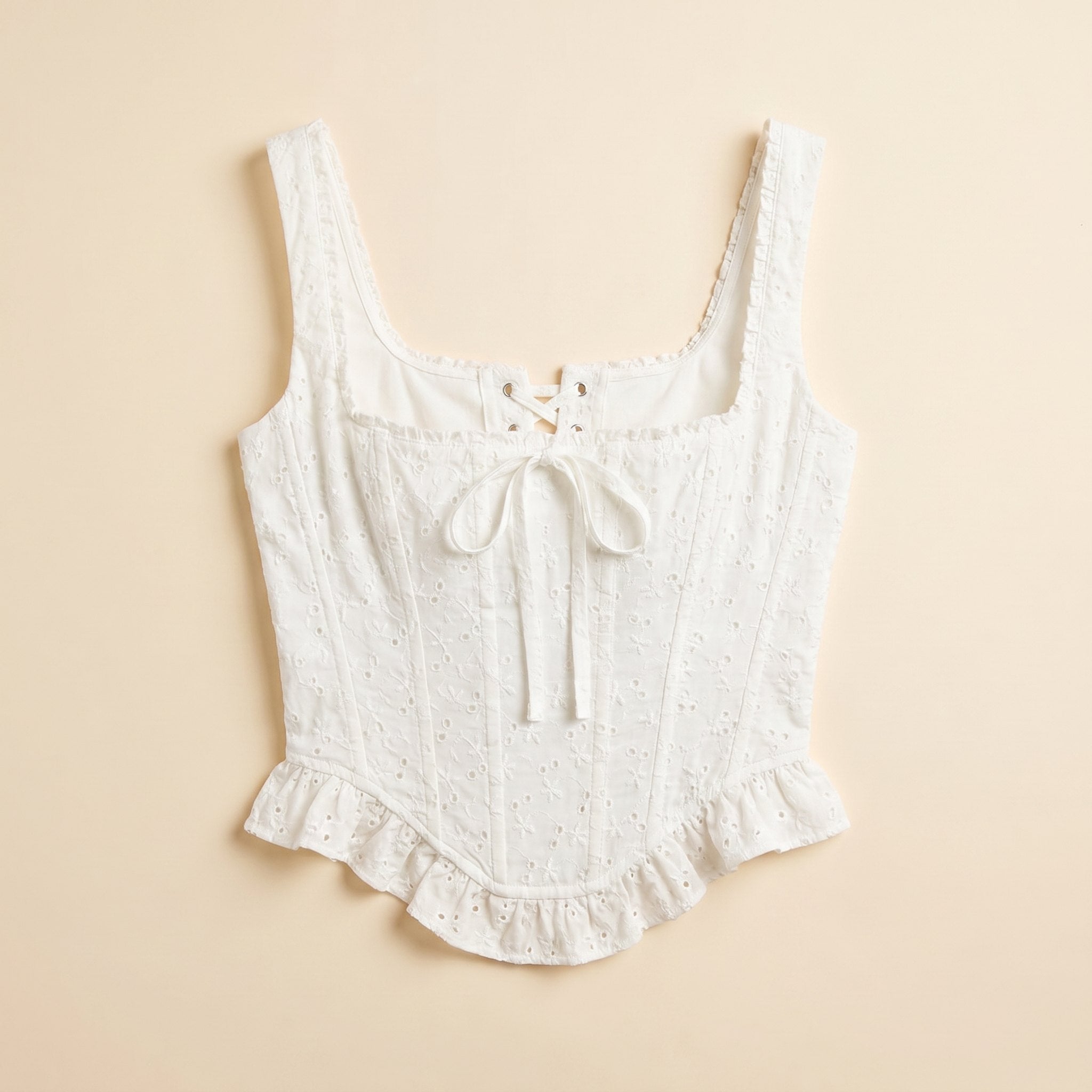 Elysian | Corset Top Broderie Anglaise, Lace-Up Back, Ruffle Trim