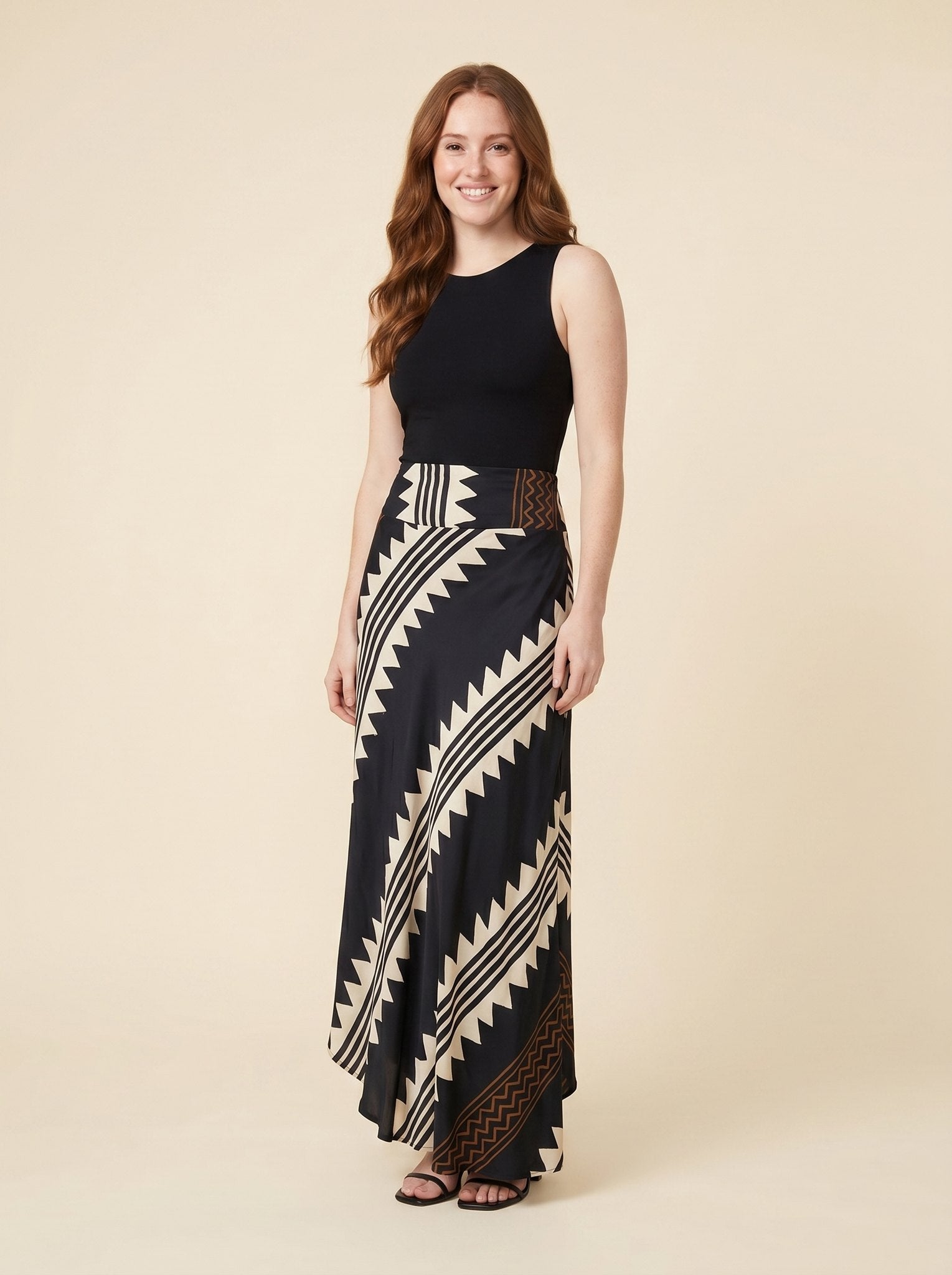 Elysian Maxi Skirt | Satin, Geometric Print for Women, Ankle-Length Long Skirt