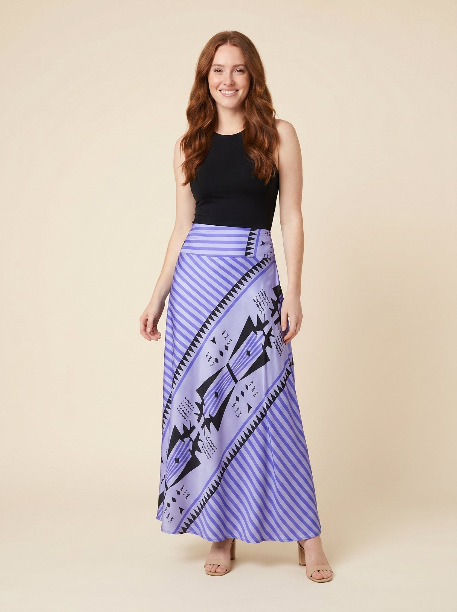 Elysian Maxi Skirt | Satin, Geometric Print for Women, Ankle-Length Long Skirt