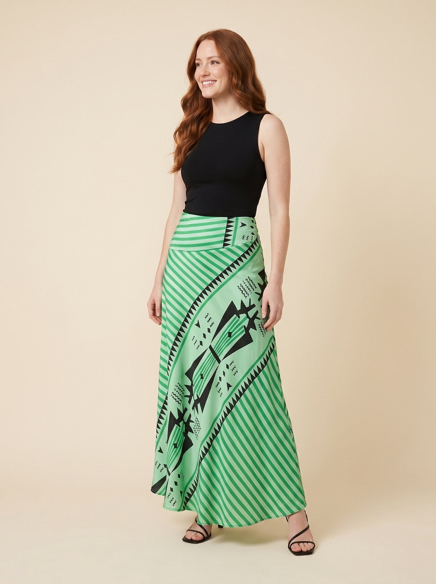 Elysian Maxi Skirt | Satin, Geometric Print for Women, Ankle-Length Long Skirt