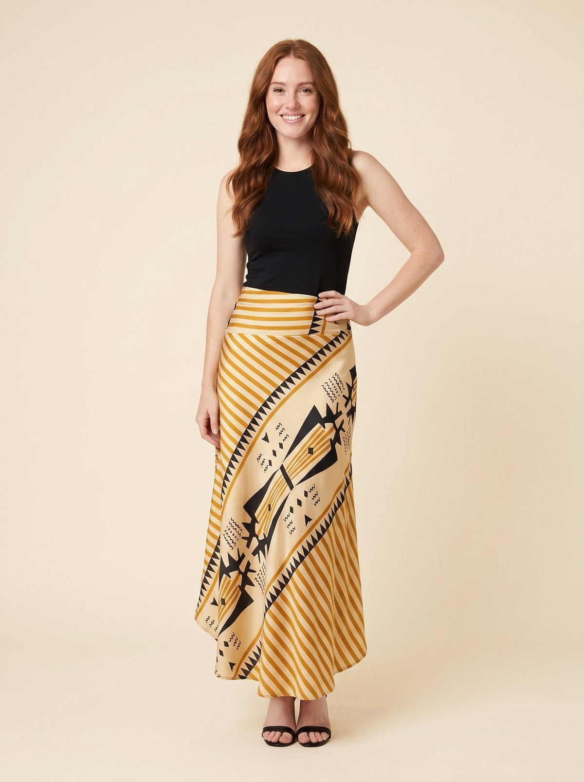 Elysian Maxi Skirt | Satin, Geometric Print for Women, Ankle-Length Long Skirt