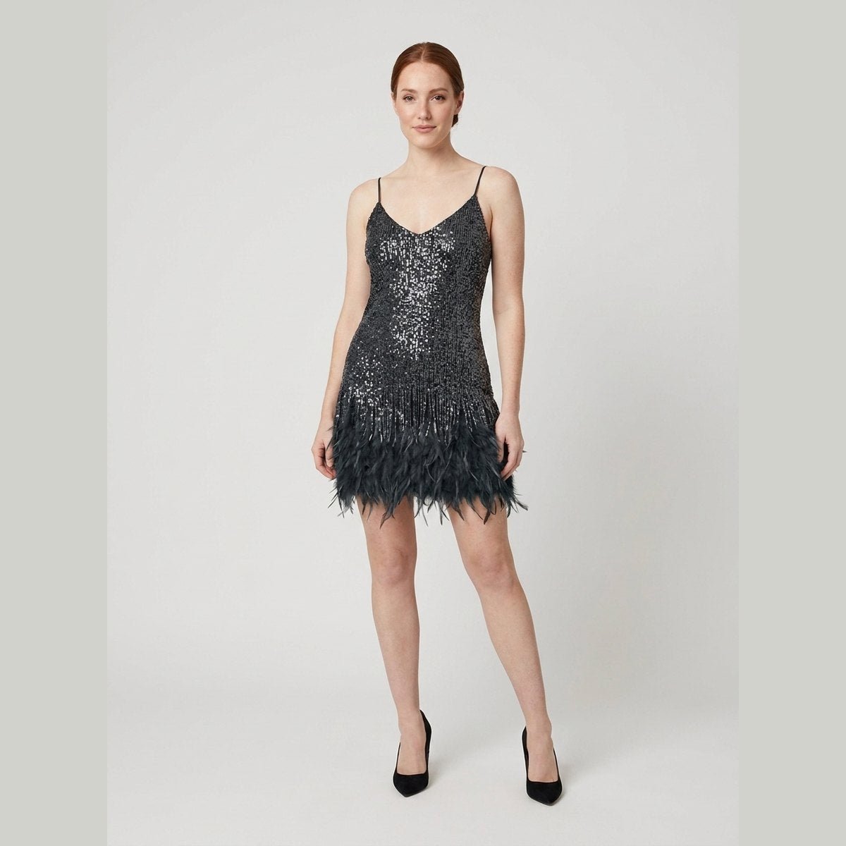 Felicity | Party Dress Sequin Embellished, Feather Hem, Spaghetti Strap
