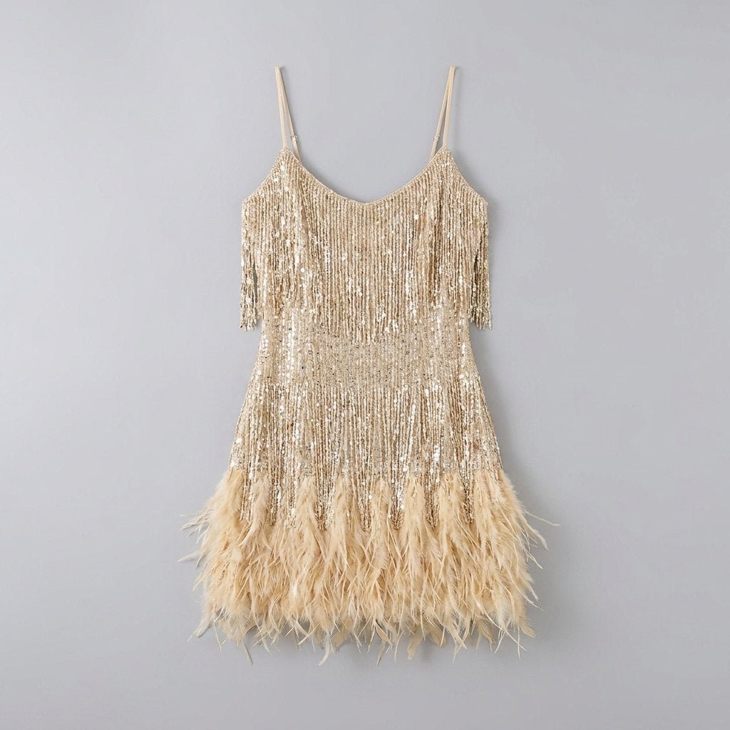 Felicity | Party Dress Sequin Embellished, Feather Hem, Spaghetti Strap