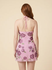 Gala Mini Dress | Embellished Floral Mesh, Adjustable Halterneck