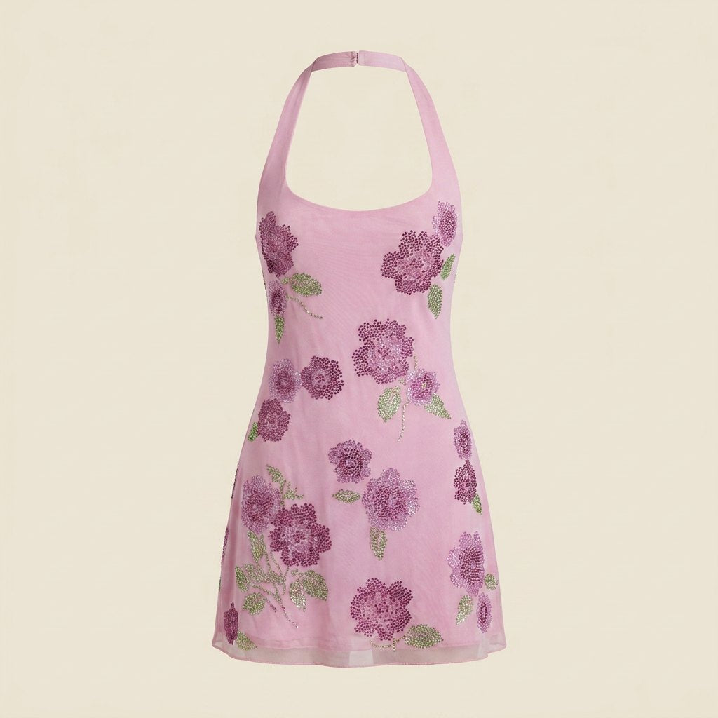 Gala Mini Dress | Embellished Floral Mesh, Adjustable Halterneck