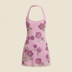 Gala Mini Dress | Embellished Floral Mesh, Adjustable Halterneck