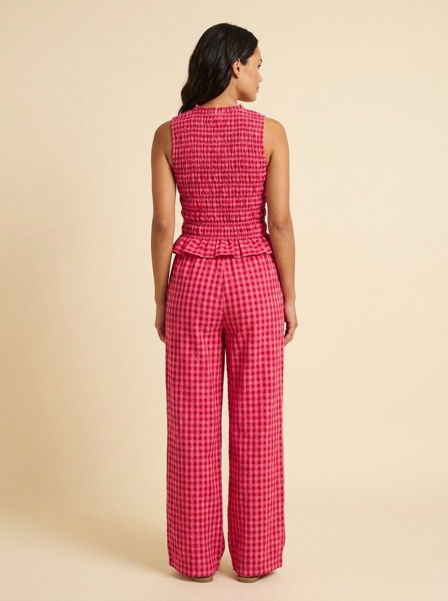 Gina | Gingham Outfit Lightweight Smocked Top & Wide Leg Pants for Women's Holiday Clothing