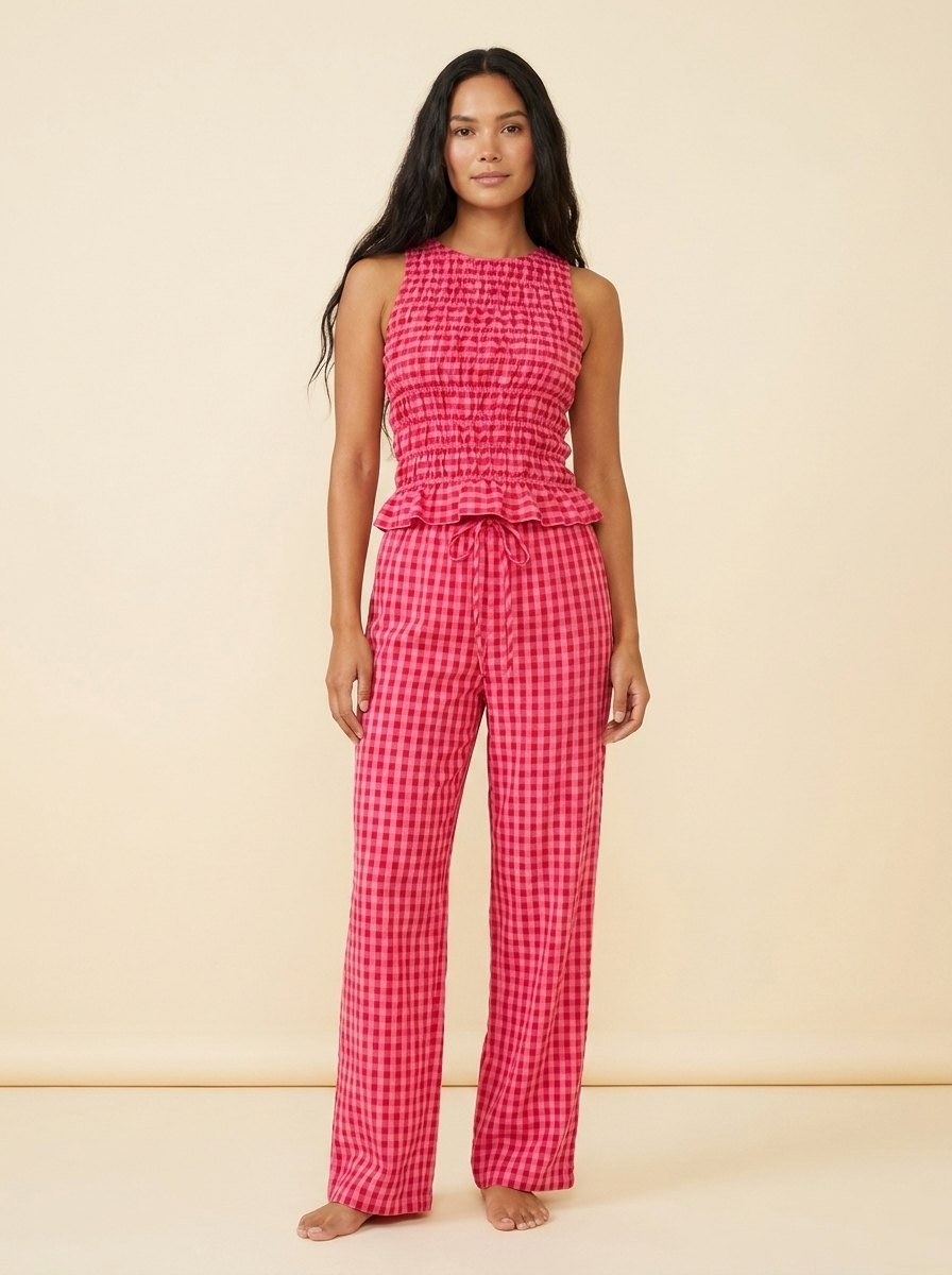 Gina | Gingham Outfit Lightweight Smocked Top & Wide Leg Pants for Women's Holiday Clothing