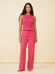 Gina | Gingham Outfit Lightweight Smocked Top & Wide Leg Pants for Women's Holiday Clothing