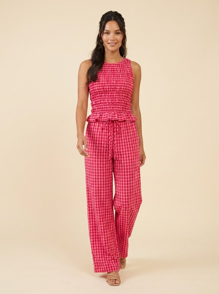 Gina | Gingham Outfit Lightweight Smocked Top & Wide Leg Pants for Women's Holiday Clothing