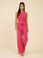 Gina | Gingham Outfit Lightweight Smocked Top & Wide Leg Pants for Women's Holiday Clothing