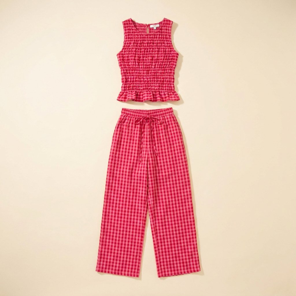 Gina | Gingham Outfit Lightweight Smocked Top & Wide Leg Pants for Women's Holiday Clothing