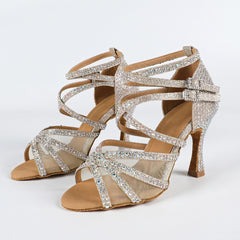 Glimmer Dance Shoes | Customized Flared Heel, Gold Glitter