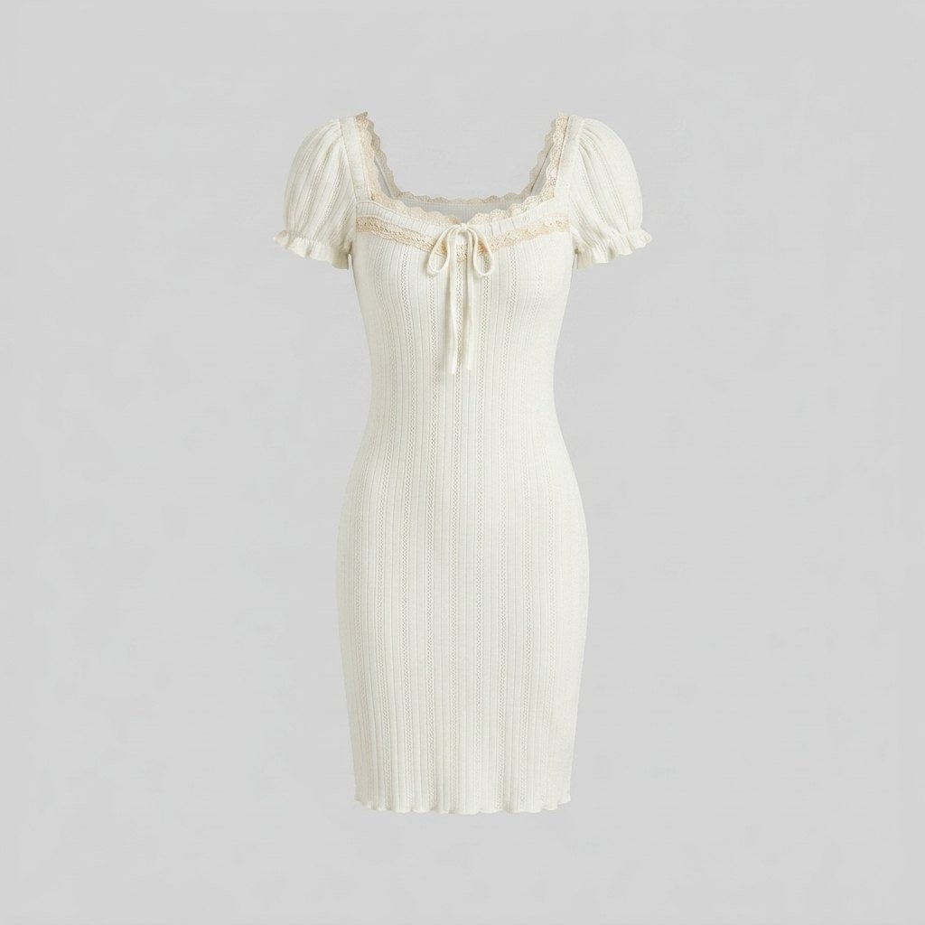 Glimmer | Maiden Dress Soft Knitted Fabric, Vintage Lace Trim, White Summer Dress for Women