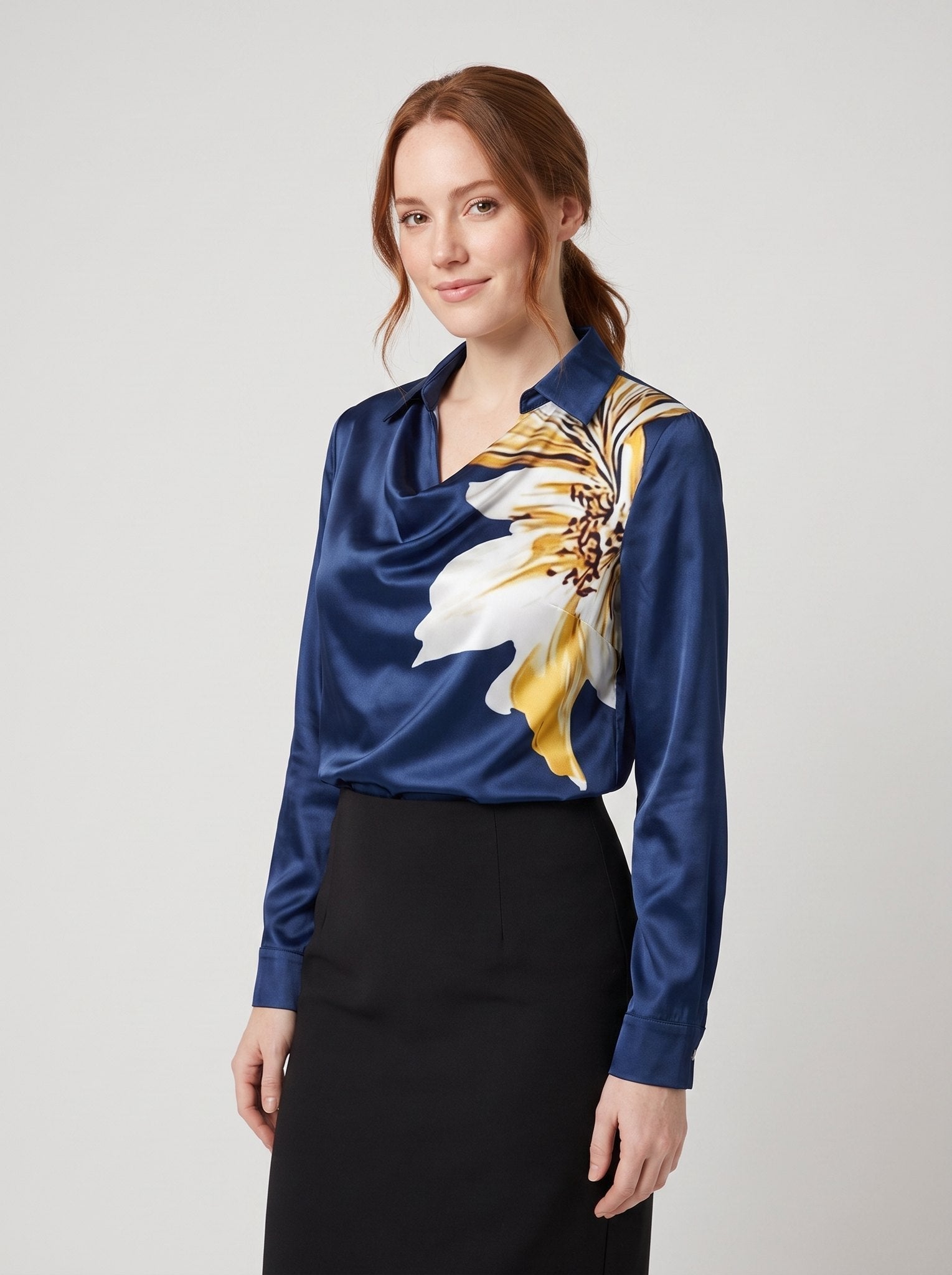 Ikata | Shiny Blouse with Pleated Neckline