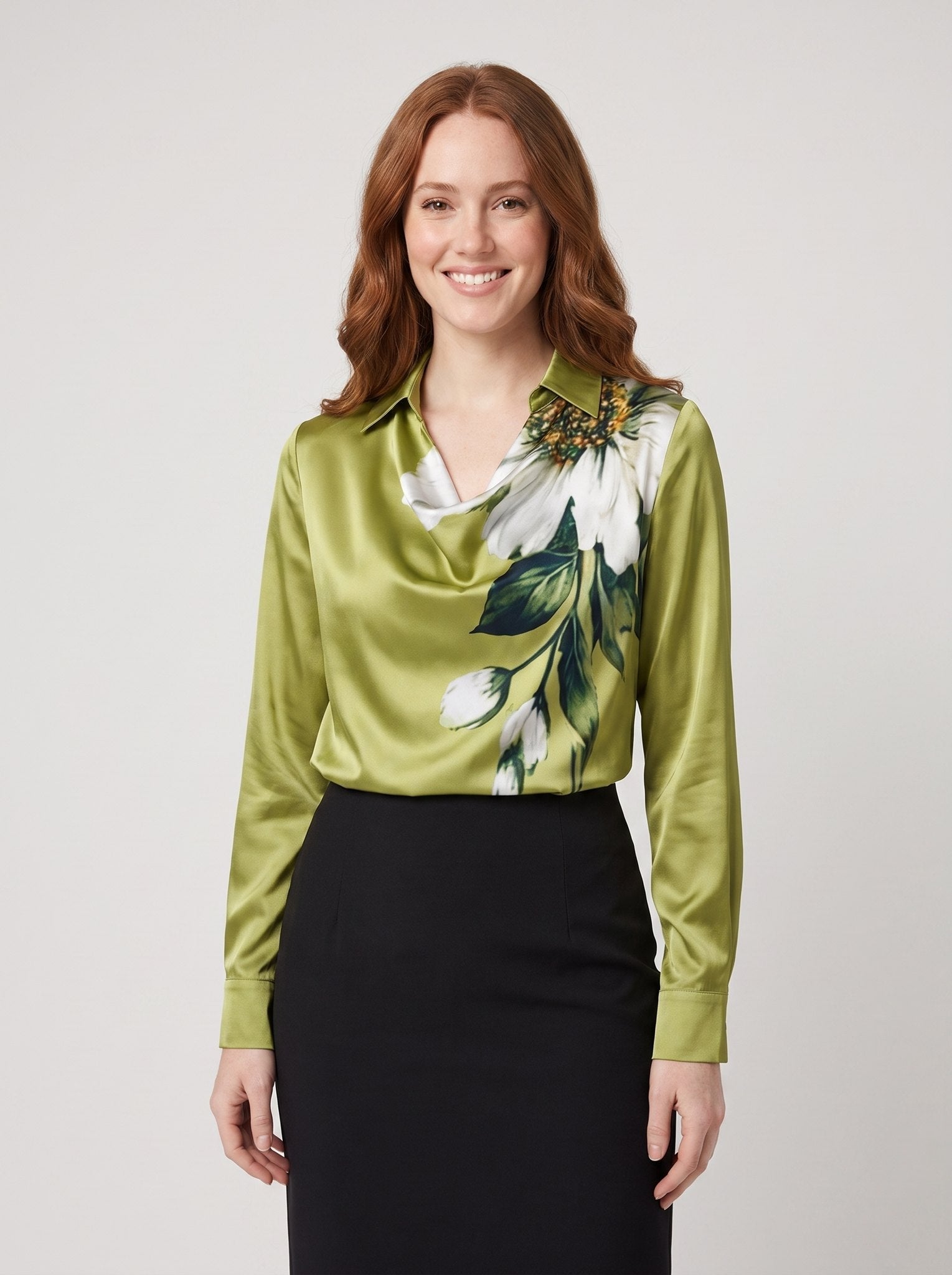 Ikata | Shiny Blouse with Pleated Neckline