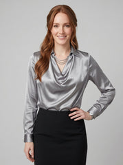 Ikata | Shiny Blouse with Pleated Neckline