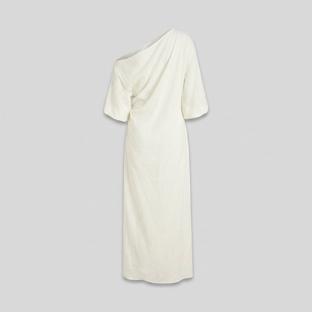 Ivory | Elegance Dress Cotton-Linen Blend, One-Shoulder Wedding Guest Dress
