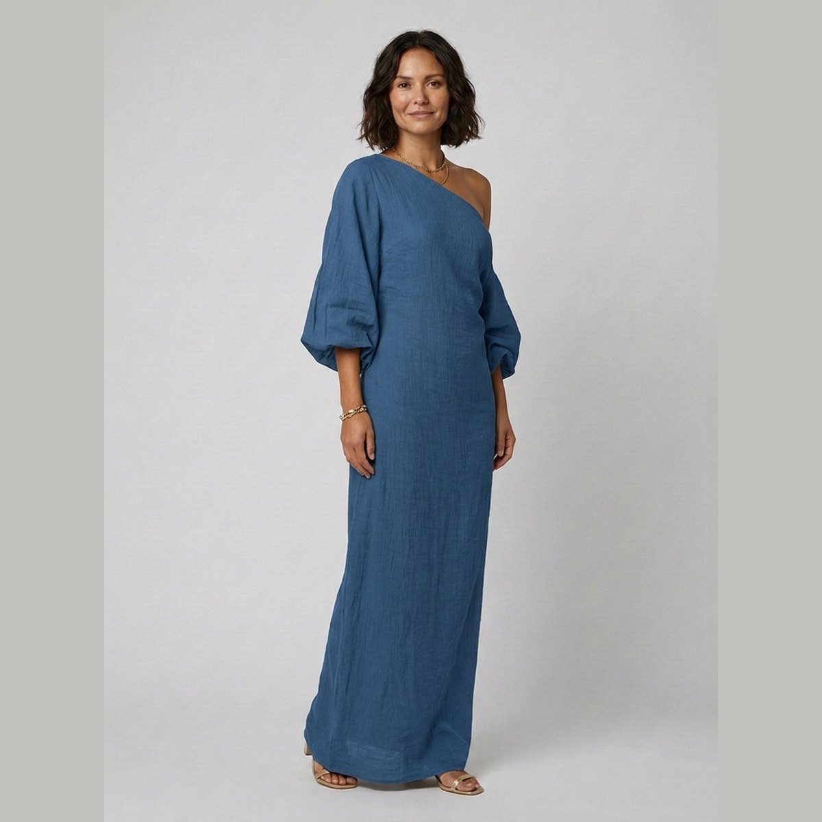 Ivory | Elegance Dress Cotton-Linen Blend, One-Shoulder Wedding Guest Dress