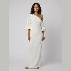 Ivory | Elegance Dress Cotton-Linen Blend, One-Shoulder Wedding Guest Dress