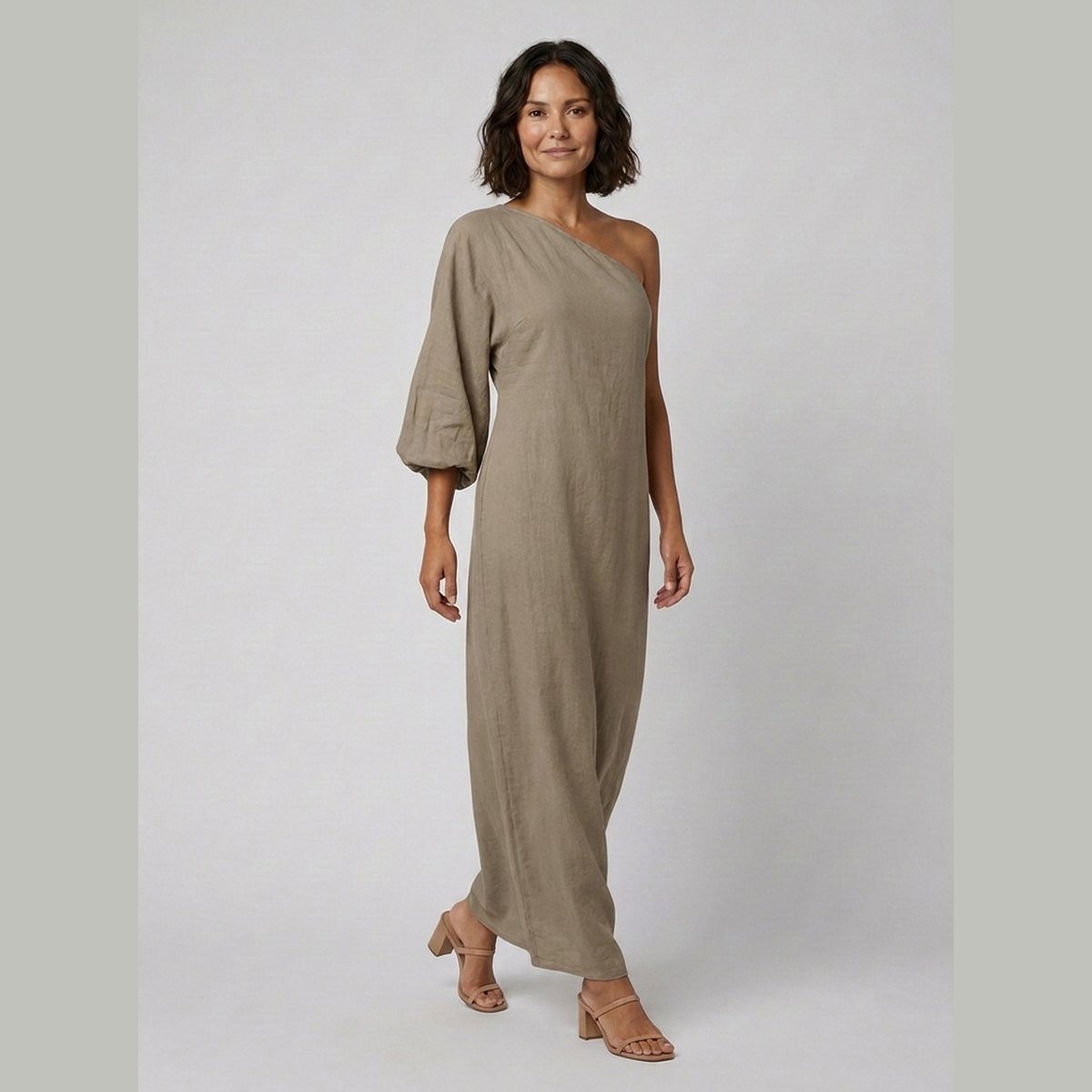Ivory | Elegance Dress Cotton-Linen Blend, One-Shoulder Wedding Guest Dress